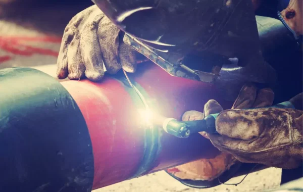 A professional welder performing custom metal repairs in Illinois for fixing a pipe